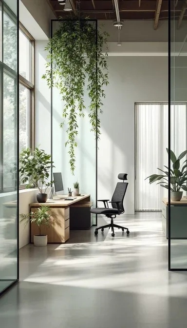 A bright office with plants and soft daylight